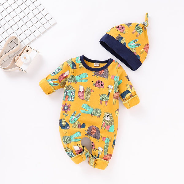 Spring Baby Clothes Funny Cartoon Print Rompers + Caps Newborn Bebes Outfits 2pcs Long Sleeve Infant Boy Girl Jumpsuits Overalls freeshipping - Etreasurs