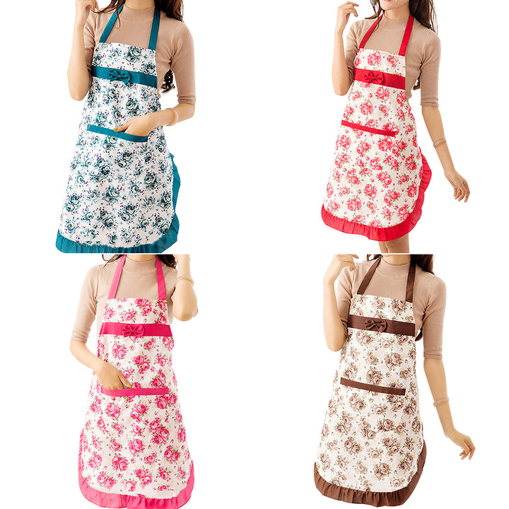 Women Floral Bowknot Waterproof Kitchen Restaurant Cooking Pocket Dress Apron freeshipping - Etreasurs