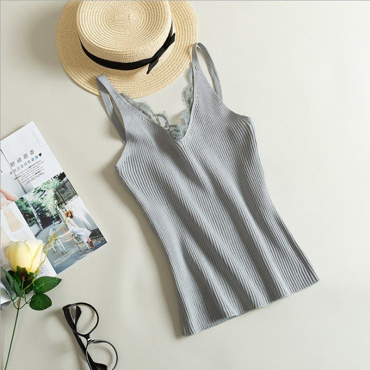Women Hook Flower Lace Tank solid Stitching V-neck Camis Female Knitted Short Slim Sleeveless Shirt Tank Casual Tops freeshipping - Etreasurs