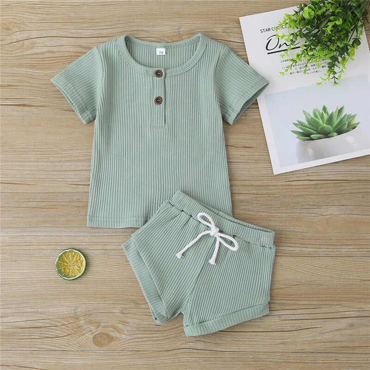 Toddler Baby Boys Girls Summer Clothes Newborn Ribbed Knitted Baby Button T-shirts Tops+Shorts Infant Clothing Outfits Sets freeshipping - Etreasurs