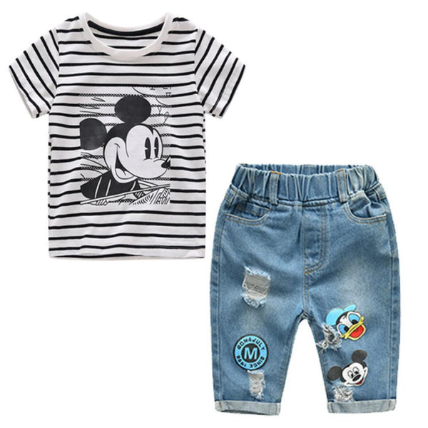 Infant Boys Girls Summer Cartoon Striped T Shirt + Denim Shorts Clothes 2pcs Sets Children Kids Hole Jeans Clothing freeshipping - Etreasurs