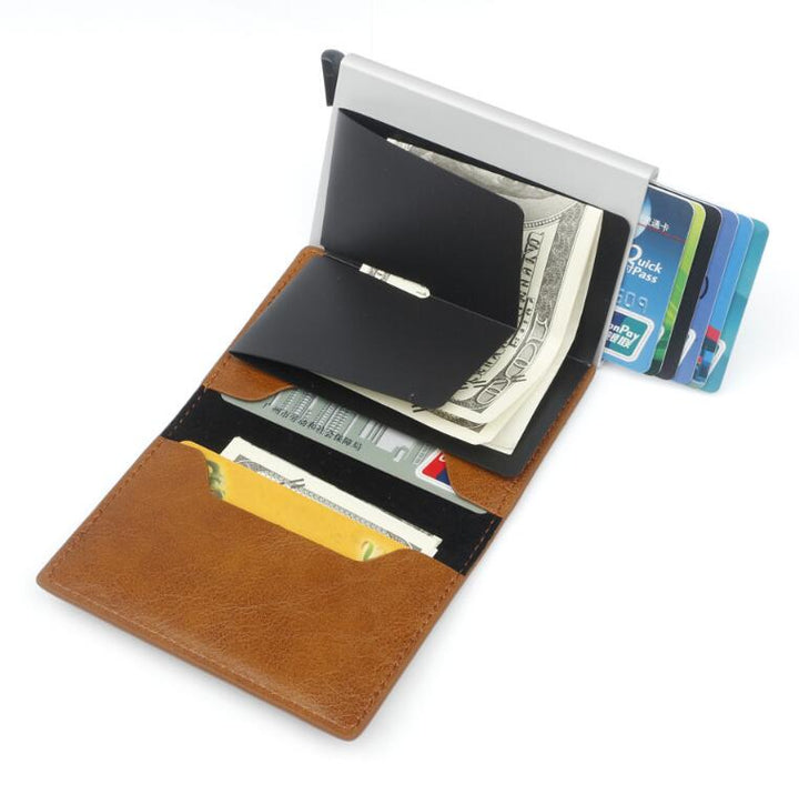 Male Metal Card Holder RFID Aluminium Alloy Credit Card Holder PU Leather Wallet Antitheft Automatic RFID Wallet freeshipping - Etreasurs