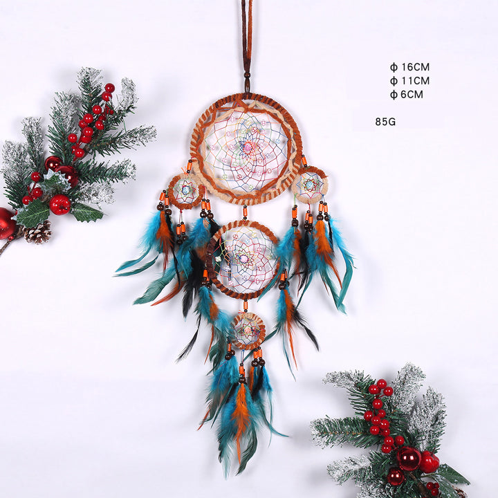 Five Ring Dream Catcher Feather Pendant Handicraft Making Wind Chimes Creative Gifts Home Wall Decoration freeshipping - Etreasurs