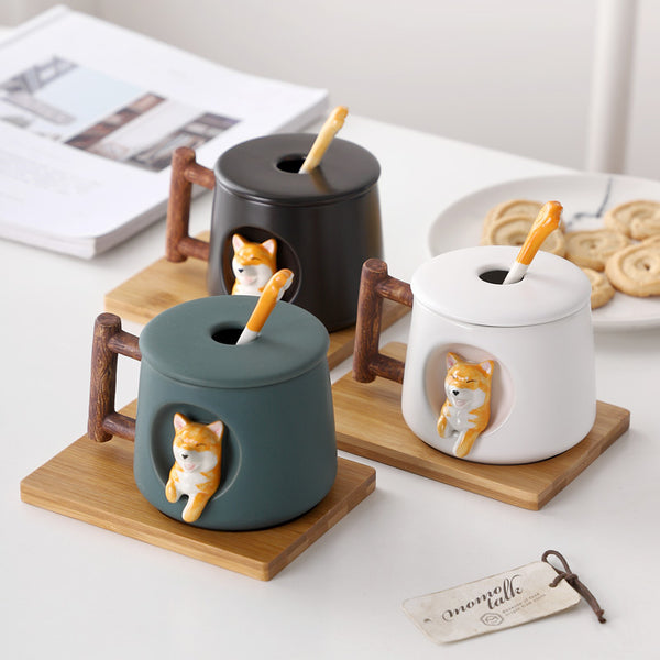 Creative Ceramic Personality Cute Mug With Lid Spoon Home Couple Men And Women Coffee Cup Shiba Inu Cup freeshipping - Etreasurs