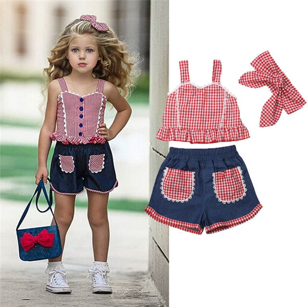 Children girls clothes roupas infantis menina  Summer Girl Outfits teenage girls clothing Crop Top Denim Shorts Headband freeshipping - Etreasurs