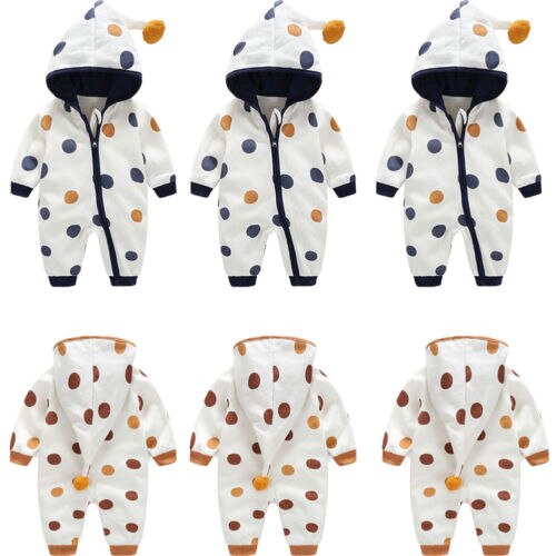 Autumn Winter Newborn Baby Infant Boy Girl Dot Long Sleeve Romper Hooded Jumpsuit Lovely Casual Zipper Outfits Clothes freeshipping - Etreasurs