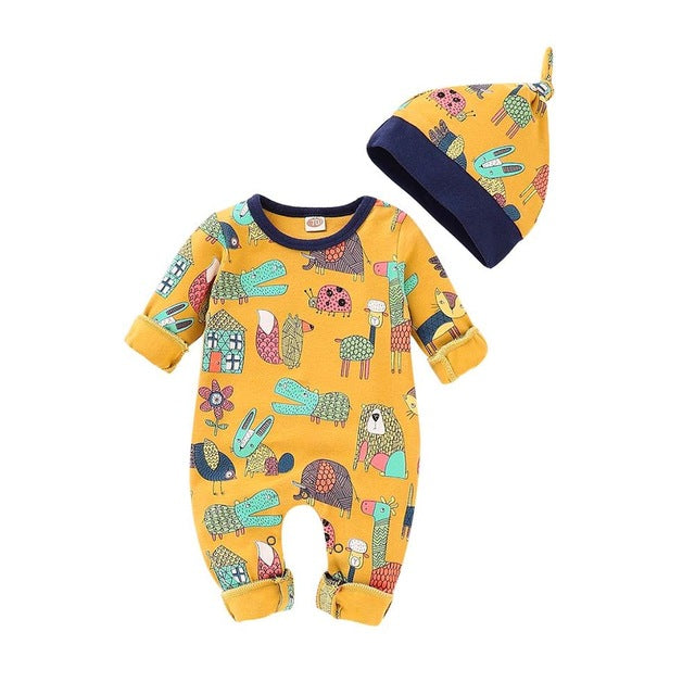 Spring Baby Clothes Funny Cartoon Print Rompers + Caps Newborn Bebes Outfits 2pcs Long Sleeve Infant Boy Girl Jumpsuits Overalls freeshipping - Etreasurs