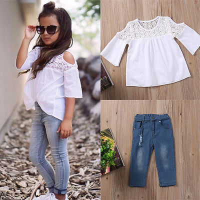 Toddler Baby Kids Girls Summer Lace Tops T-Shirt+Denim Jeans Pants Outfits Set freeshipping - Etreasurs