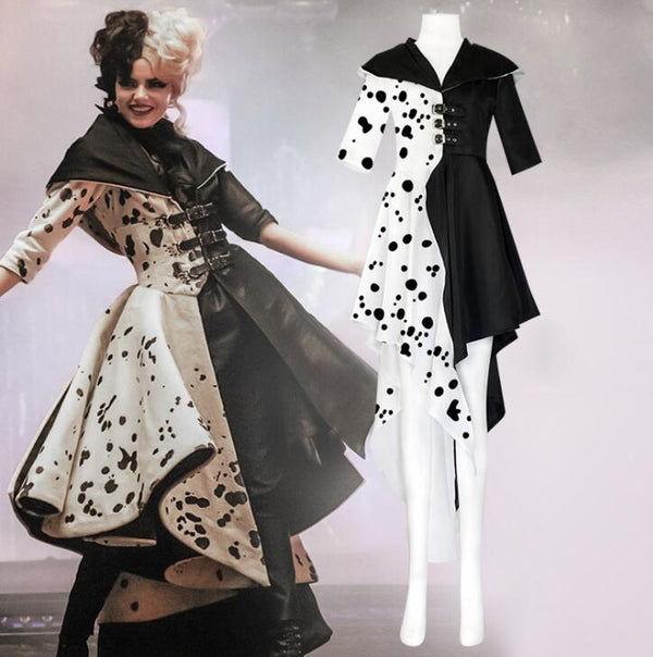 Halloween 2021 Cruella Costume Cosplay Evil Queen Black White Coat Evening Party Dress Fashion Emma Magic Performance Oufit freeshipping - Etreasurs