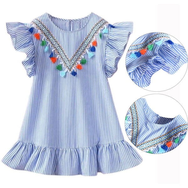 Summer Girls Tassel Flying Sleeve Dresses Stripe Cotton Cute Kids Party Dresses for Kids girls Princess Dress Tops Clothes freeshipping - Etreasurs