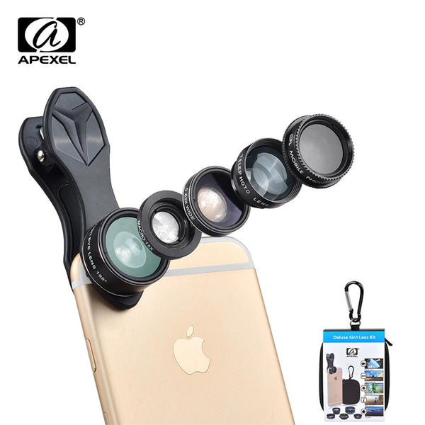 APEXEL 5 in 1 Fisheye Wide Angle Macro lens Telescope telephoto lens CPL Mobile Phone mini camera lens for iPhone Samsung xiaomi freeshipping - Etreasurs