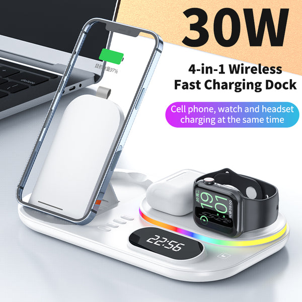 New Three-In-One Wireless Charger With Clock Fast Charging Rgb Atmosphere Light Multi-Function Wireless Charger For Mobile Phone