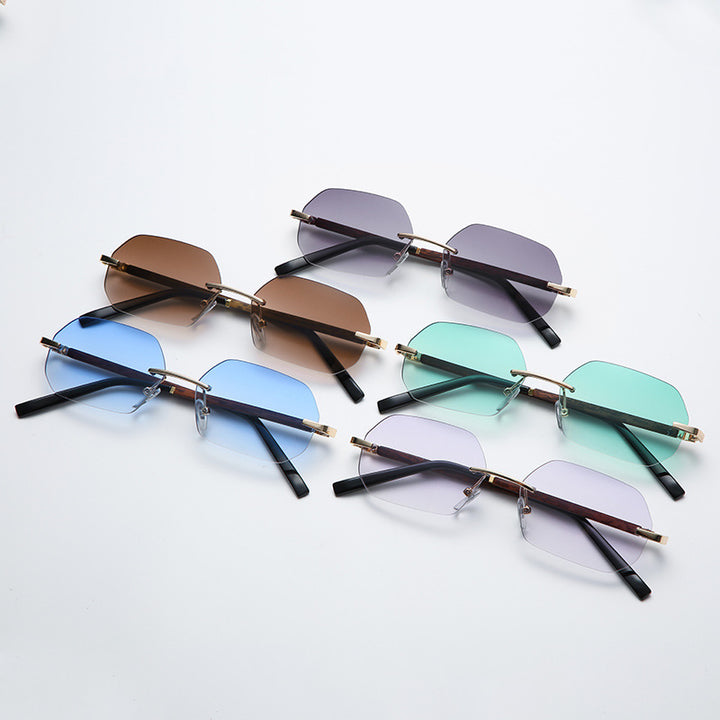 New European And American Fashion Rimless Polygonal Sunglasses Women's Gradient Sunglasses Trend Wood Grain Leg Glasses freeshipping - Etreasurs