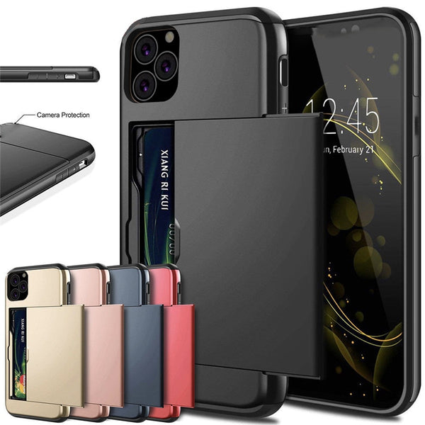 For iPhone 11 Pro Max XS X XR Case Slide Armor Wallet Card Slots Holder Cover For IPhone 7 8 6 6s Plus 5 5s TPU Shockproof Shell freeshipping - Etreasurs