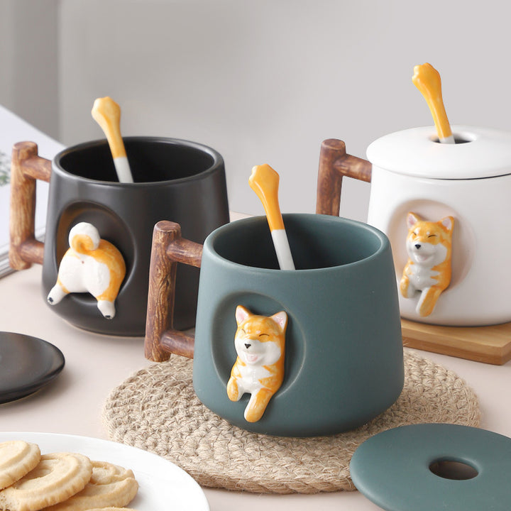 Creative Ceramic Personality Cute Mug With Lid Spoon Home Couple Men And Women Coffee Cup Shiba Inu Cup freeshipping - Etreasurs