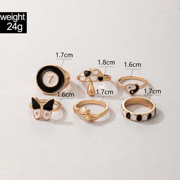 Black Tai Chi Butterfly Mushroom Love Element 6 Piece Rings freeshipping - Etreasurs