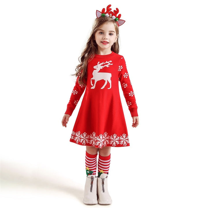 Kids Dresses For Girls Long Sleeve Deer Snowflake Print Dress New Year Costume Princess Dress Kids Christmas Clothes Vestidos freeshipping - Etreasurs