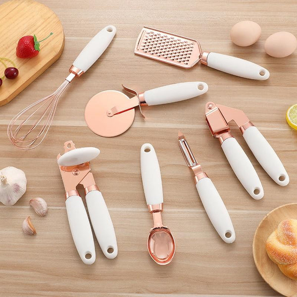 7 Pcs Kitchen Gadget Set Copper Coated Stainless Steel Utensils with Soft Touch Rose Gold Garlic Press Pizza Cutter freeshipping - Etreasurs