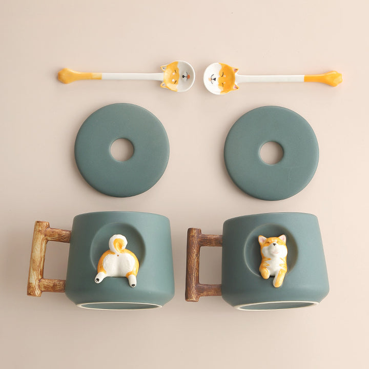 Creative Ceramic Personality Cute Mug With Lid Spoon Home Couple Men And Women Coffee Cup Shiba Inu Cup freeshipping - Etreasurs