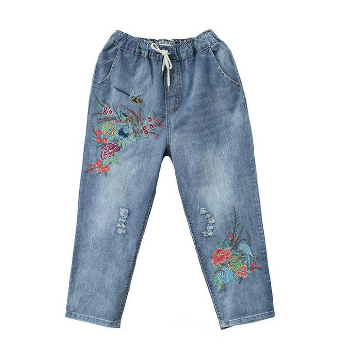 Summer Womens Jeans Denim Retro Embroidery Drawstring Holes Loose Comfort Casual Cowboy Female Seven Plus Size Women pants freeshipping - Etreasurs