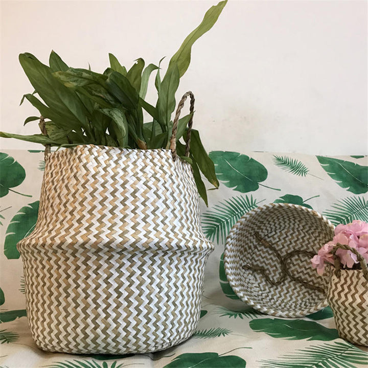 Foldable Handmade Seagrass Flower Pot Storage  Wicker Basket Rattan Straw Home Garden Wave Pattern Planter pots Laundry Basket freeshipping - Etreasurs