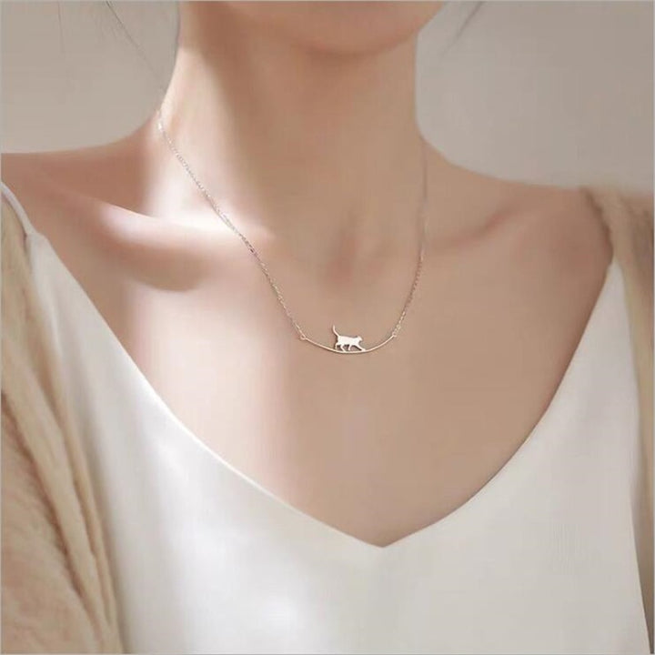 New Fashion Cat Curved Simple Personality 925 Sterling Silver Jewelry Cute Animal Walking Cat Clavicle Chain Necklaces N090 freeshipping - Etreasurs