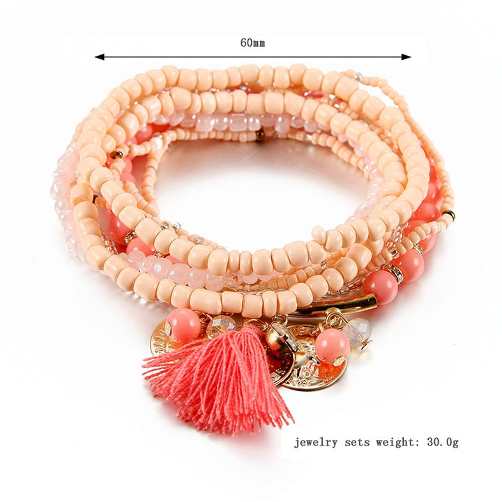 Women Bohemian Jewelry Multilayer Elastic Set Bracelets Bangles With Tassel Gold Coin Glass Beads Charm Wrap Bracelet Femme Gift freeshipping - Etreasurs