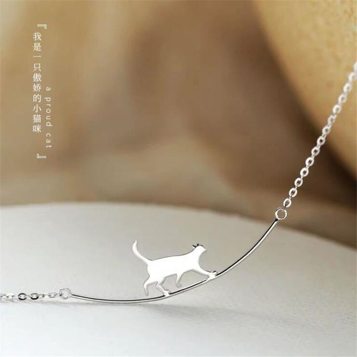 New Fashion Cat Curved Simple Personality 925 Sterling Silver Jewelry Cute Animal Walking Cat Clavicle Chain Necklaces N090 freeshipping - Etreasurs