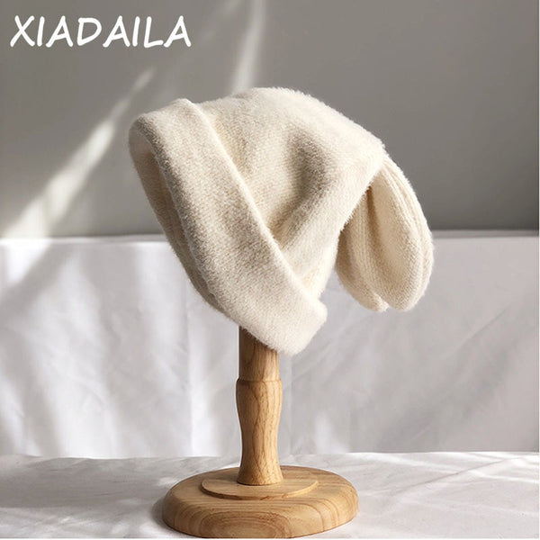 Draping rabbit ears rabbit fur hat women autumn and winter knitted wool hat winter warm Korean version of Japanese hat