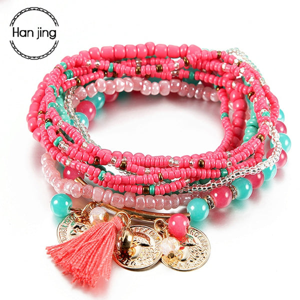 Women Bohemian Jewelry Multilayer Elastic Set Bracelets Bangles With Tassel Gold Coin Glass Beads Charm Wrap Bracelet Femme Gift freeshipping - Etreasurs