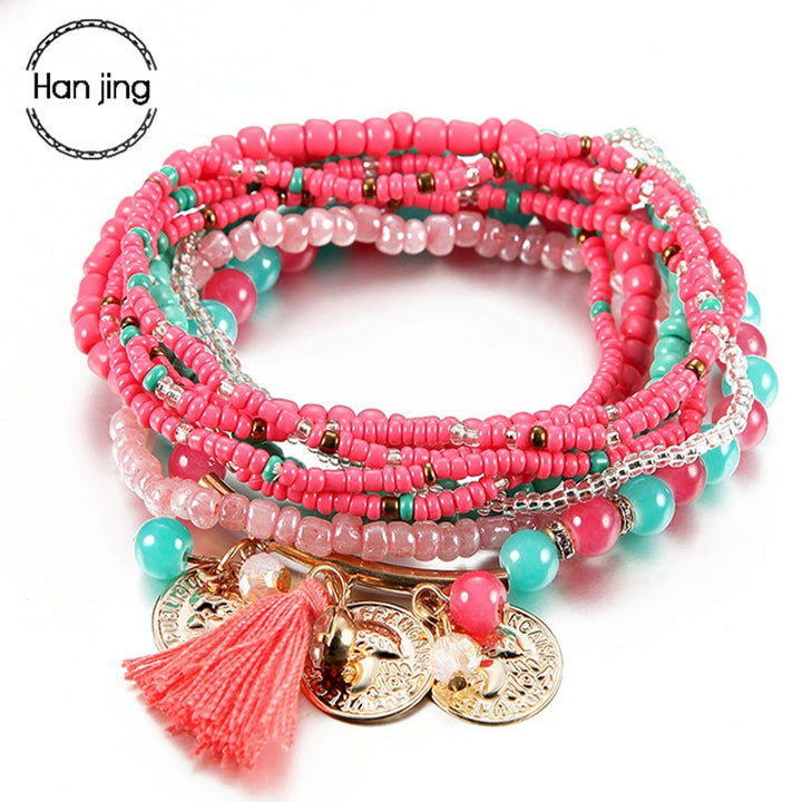 Women Bohemian Jewelry Multilayer Elastic Set Bracelets Bangles With Tassel Gold Coin Glass Beads Charm Wrap Bracelet Femme Gift freeshipping - Etreasurs