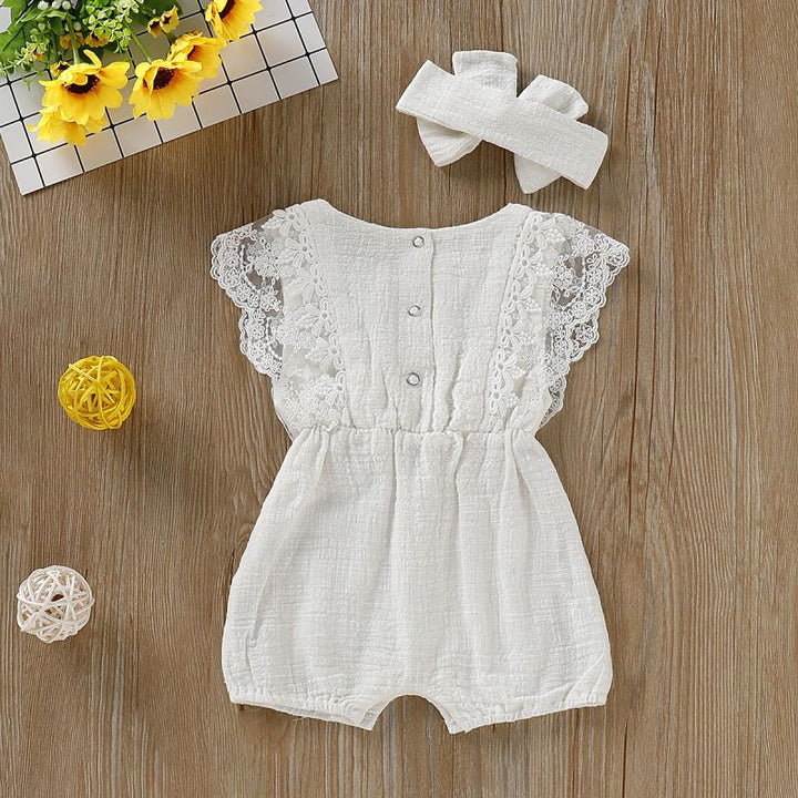 Summer Baby Girl Rompers Newborn Baby Clothes Toddler Flare Sleeve Solid Lace Design Romper Jumpsuit With Headband One-Pieces freeshipping - Etreasurs