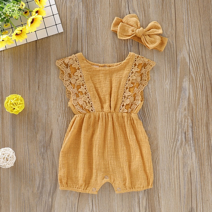 Summer Baby Girl Rompers Newborn Baby Clothes Toddler Flare Sleeve Solid Lace Design Romper Jumpsuit With Headband One-Pieces freeshipping - Etreasurs