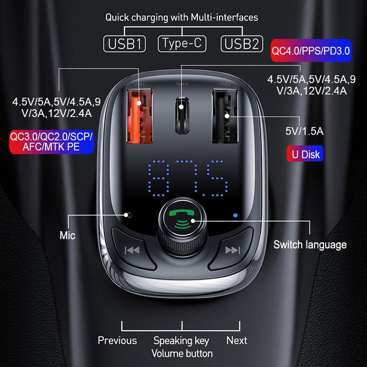 Baseus FM Transmitter Bluetooth 5.0 Handsfree Car Kit Audio MP3 Player With PPS QC3.0 QC4.0 5A Fast Charger Auto FM Modulator freeshipping - Etreasurs