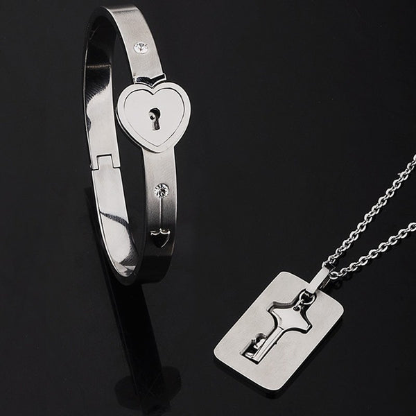 VIP Fashion Concentric Lock Key Titanium Steel Stainless Steel Jewelry Bracelet Necklace Couple Sets freeshipping - Etreasurs