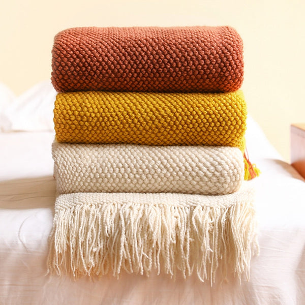 Textile City Home Decorative Thickened Knitted Blanket Corn Grain Waffle Embossed Winter Warm Tassels Throw Bedspread 130x240cm freeshipping - Etreasurs