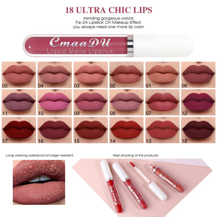 CmaaDu 18 Colors Long Lasting Lip Gloss Matte Velvet Liquid Lipstick Waterproof Moisturizing Lip Makeup Cosmetic TSLM1 freeshipping - Etreasurs