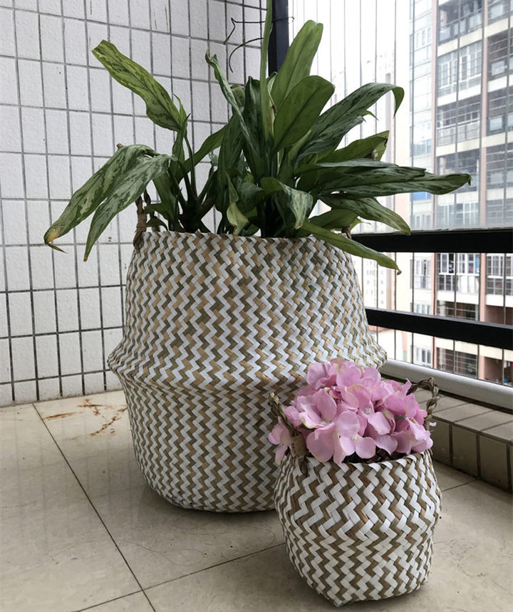 Foldable Handmade Seagrass Flower Pot Storage  Wicker Basket Rattan Straw Home Garden Wave Pattern Planter pots Laundry Basket freeshipping - Etreasurs