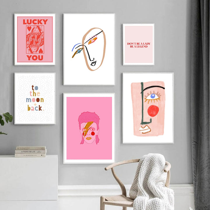 Nordic Abstract Poster Line Face Canvas Painting Wall Art Pink Style Letter Lucky You Pictures For Living Room Modern Decorative freeshipping - Etreasurs