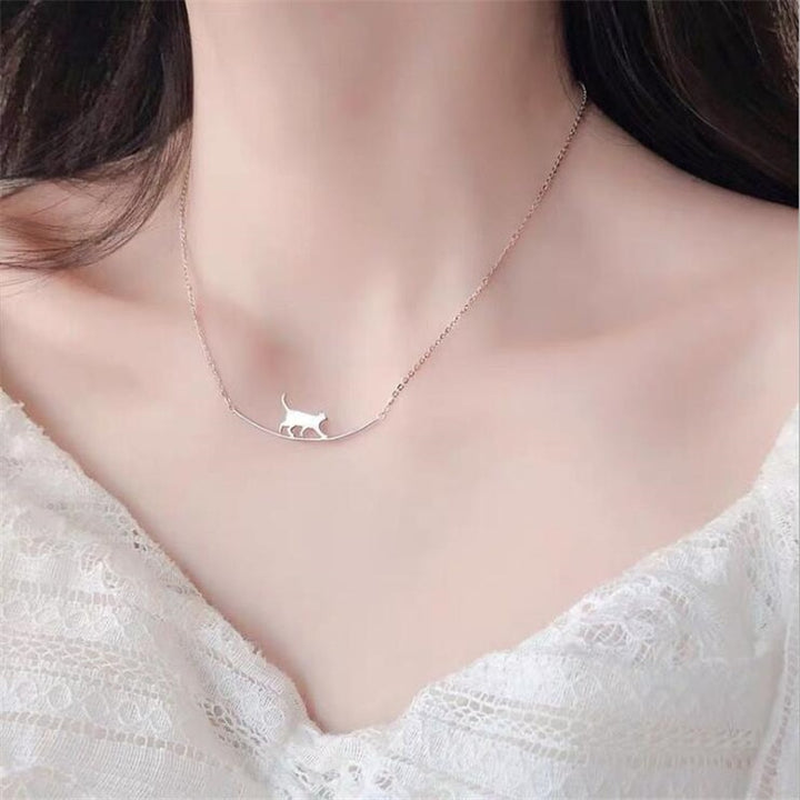 New Fashion Cat Curved Simple Personality 925 Sterling Silver Jewelry Cute Animal Walking Cat Clavicle Chain Necklaces N090 freeshipping - Etreasurs