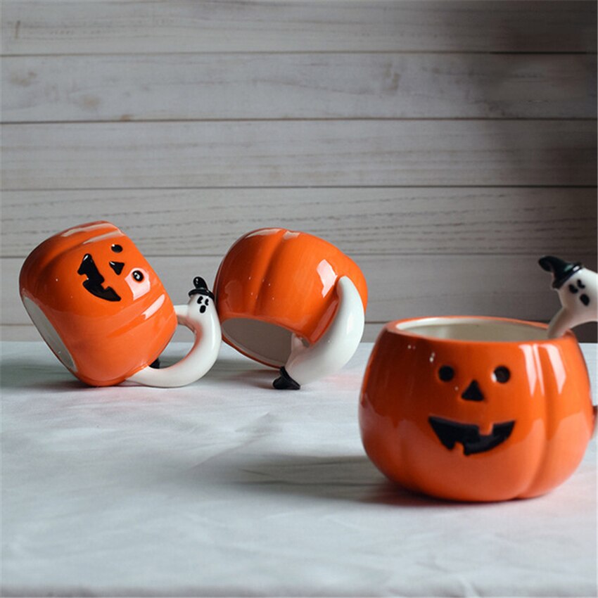 Creative Pumpkin Coffee Cup Ceramic Breakfast Milk Cup Afternoon Tea Cup European Halloween Style Water Cafe Cup with Handle freeshipping - Etreasurs