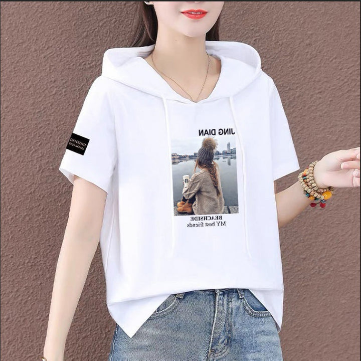 Cotton short-sleeved sweater female large size loose 2021 summer new Korean version of the trend fashion hooded T-shirt on clothes freeshipping - Etreasurs