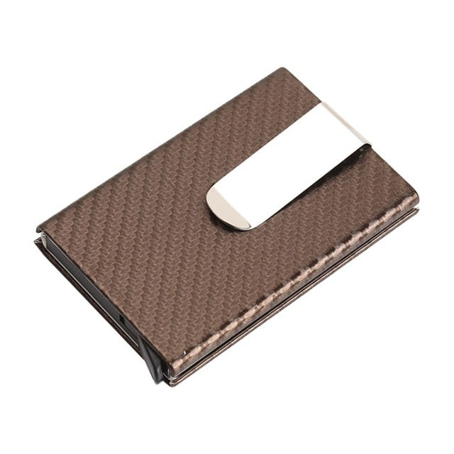 Business Aluminum Wallet Automatic Slide Card Case Carbon Fiber PU Leather Metal ID Credit Card Holder Clip freeshipping - Etreasurs