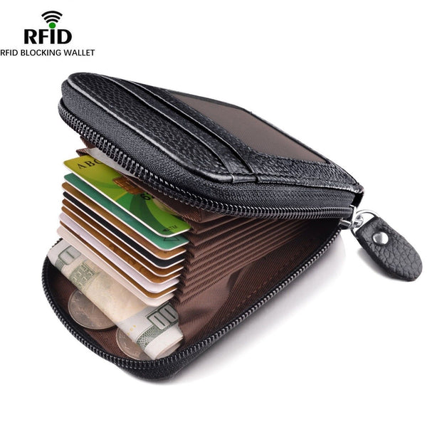 Men&#39;s Wallet Genuine Leather Credit Card Holder RFID Blocking Zipper Pocket Men bag freeshipping - Etreasurs