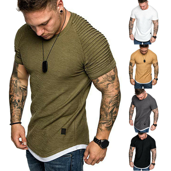 Hot Men's T-Shirts Pleated Wrinkled Slim Fit O Neck Short Sleeve Muscle Solid Casual Tops Shirts Summer Basic Tee New freeshipping - Etreasurs