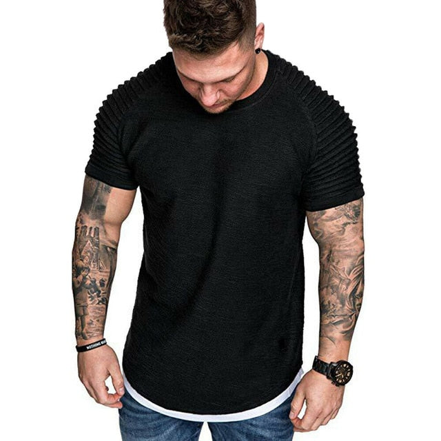 Hot Men's T-Shirts Pleated Wrinkled Slim Fit O Neck Short Sleeve Muscle Solid Casual Tops Shirts Summer Basic Tee New freeshipping - Etreasurs