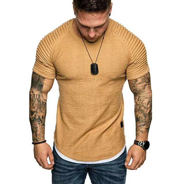 Hot Men's T-Shirts Pleated Wrinkled Slim Fit O Neck Short Sleeve Muscle Solid Casual Tops Shirts Summer Basic Tee New freeshipping - Etreasurs