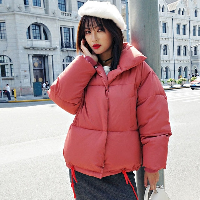 Korean Style 2019 Winter Jacket Women Stand Collar Solid Black White Female Down Coat Loose Oversized Womens Short Parka freeshipping - Etreasurs