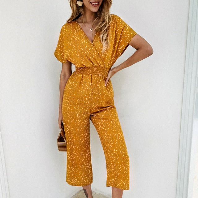 Lossky Women Jumpsuits Rompers Summer Casual Print V-neck Pocket Overalls Jumpsuit Short Sleeve Wide Leg Loose Jumpsuit freeshipping - Etreasurs