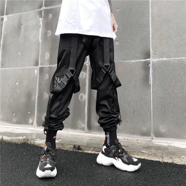 Men Hip Hop Black Cargo Pants joggers Sweatpants Overalls Men Ribbons Streetwear Harem Pants Women Fashions Trousers freeshipping - Etreasurs
